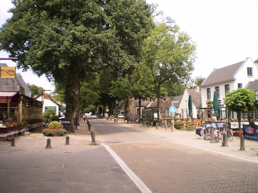 De Dorpsstraat van Lage Vuursche met oude eiken en terrassen van pannenkoekenrestaurants