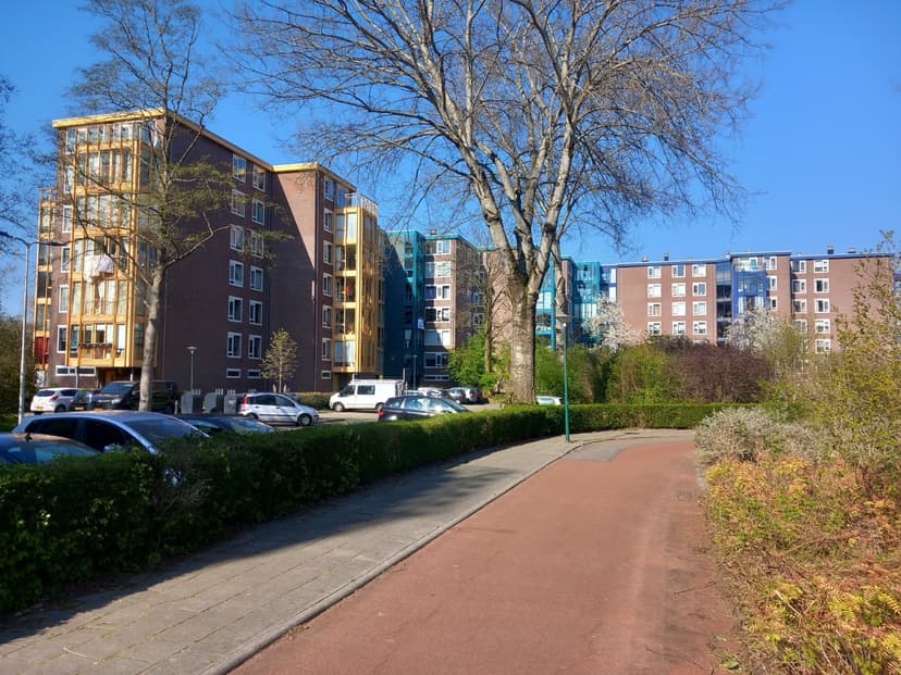 Flats en een fietspad tussen het groen in IJsselveld-West