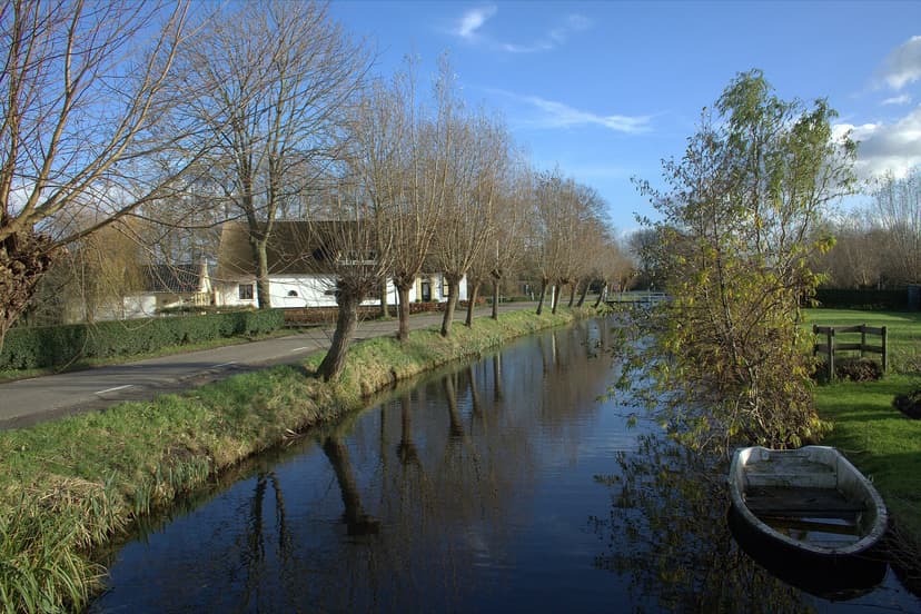 Een witte boerderij met knotwilgen langs de Lopikerwetering