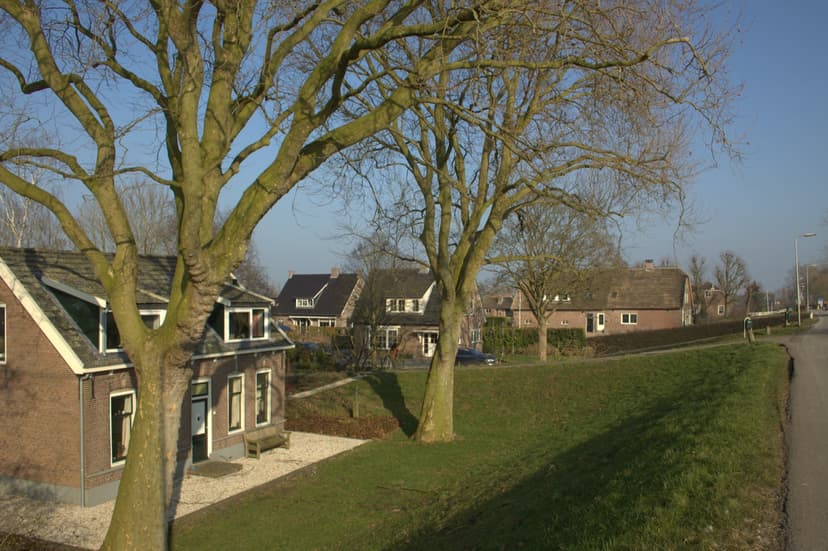 Huizen onder grote bomen aan de dijk langs de Hollandse IJssel in Hekendorp