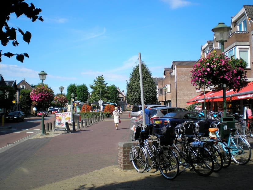 Plein met winkels, terrassen en bloembakken in het centrum van Doorn