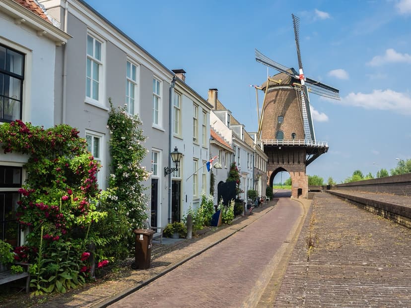 Molen Rijn en Lek op de oude stadspoort aan de Dijkstraat in Wijk bij Duurstede, met witte huizen en rozen