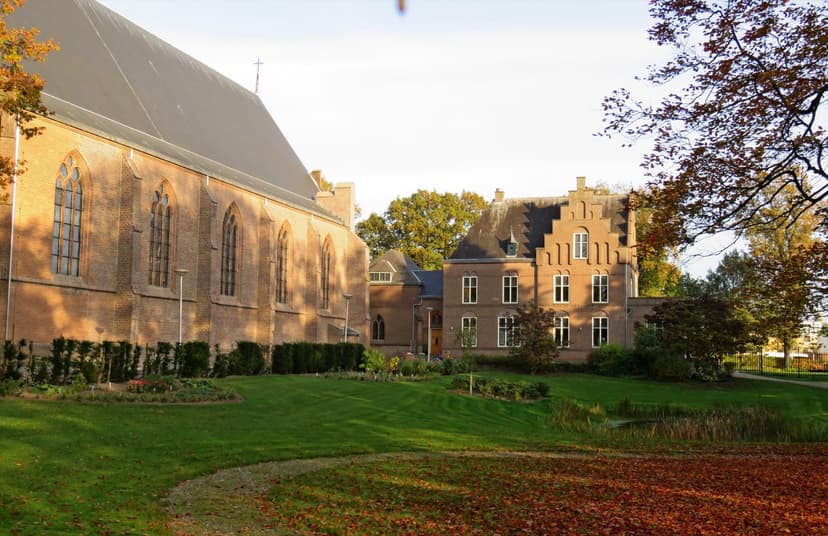 De Sint-Martinuskerk en pastorie in Hoogland, in herfstzon