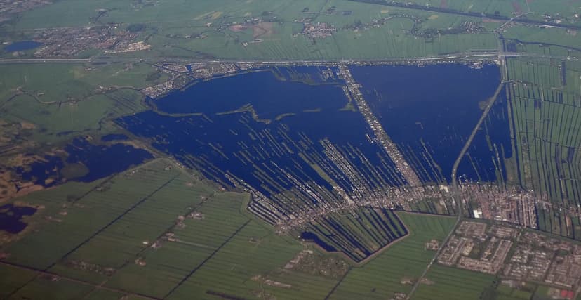 Luchtfoto van de Vinkeveense Plassen met de lange smalle legakkers en het dorp Vinkeveen