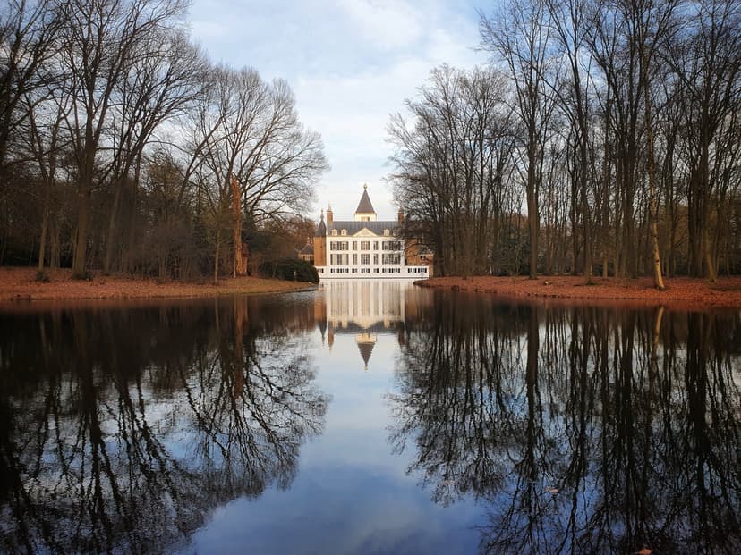 Kasteel Renswoude weerspiegeld in de vijver van het kasteelpark, tussen hoge kale bomen