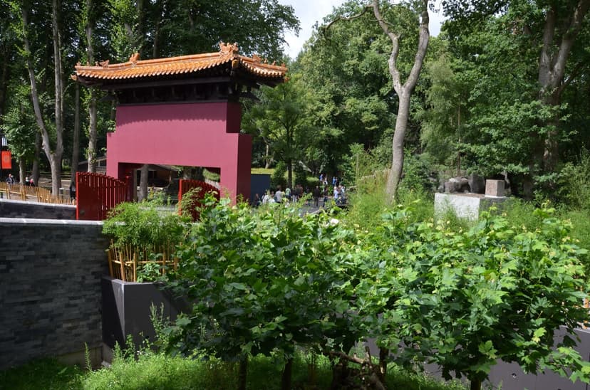 De rode Chinese poort van Pandasia in Ouwehands Dierenpark, tussen hoge bomen