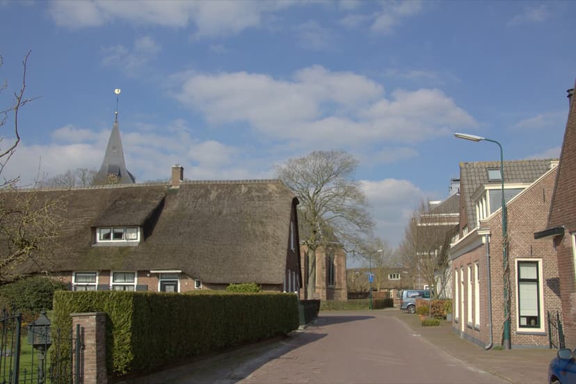 Boerderij met rieten dak en de kerktoren in Nieuwer Ter Aa